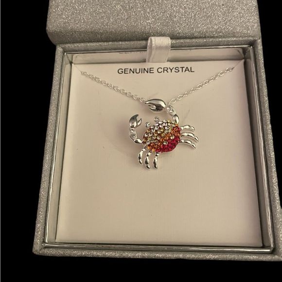 Genuine Crystal Crab Pendant Necklace Cancer Zodiac Beach Nautical - Picture 1 of 5
